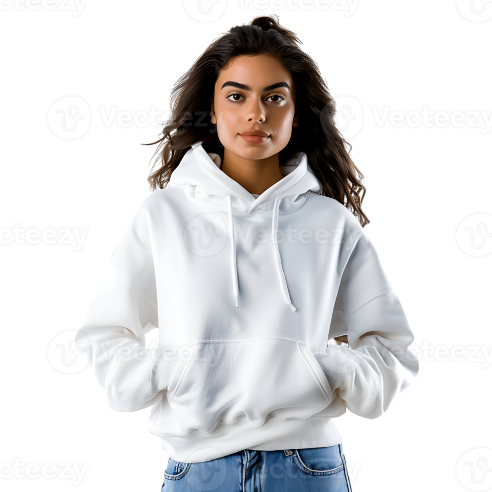 front model wearing white hoodie on isolated transparent background png