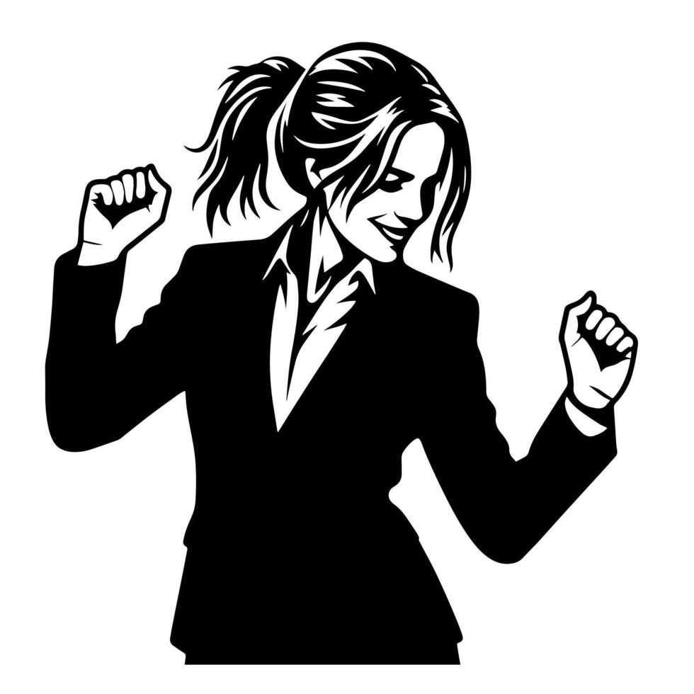 Black and White Illustration of a Woman in Business Suit is dancing and shaking in a Successful Pose vector