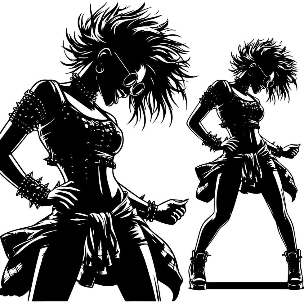 negro y blanco ilustración de un punk mujer es bailando y sacudida en un exitoso actitud vector