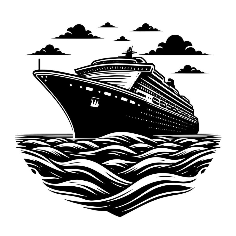 Black and White Illustration of a ocean liner at the sea vector