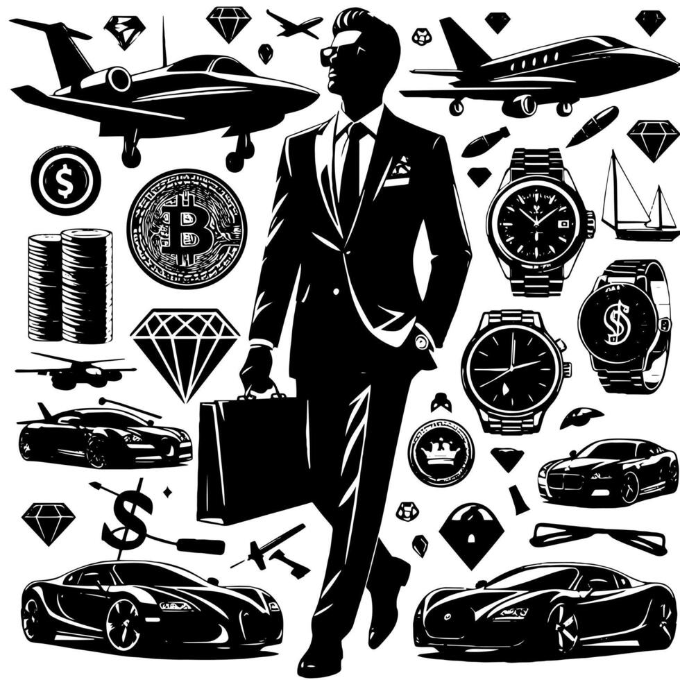 Black and white Illustration of a successful Business Man with Money Cars Girls and Luxus vector