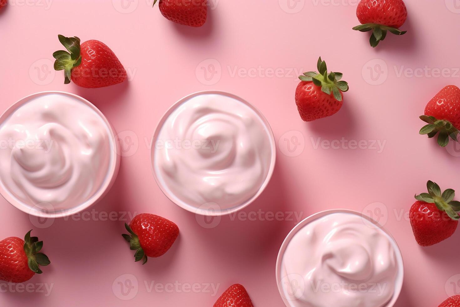 Bowl of strawberry ice cream surrounded by fresh strawberries on a white textured surface. photo