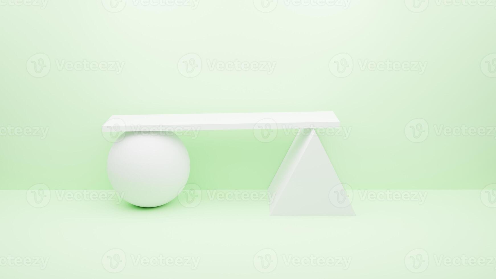 An empty white podium held by a sphere and a pyramid on a light green photo