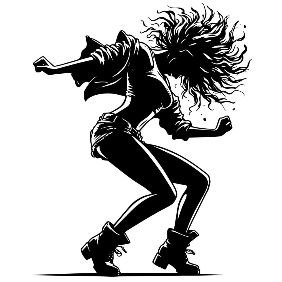 Black and White Illustration of a punk Woman is dancing and shaking in a Successful Pose vector