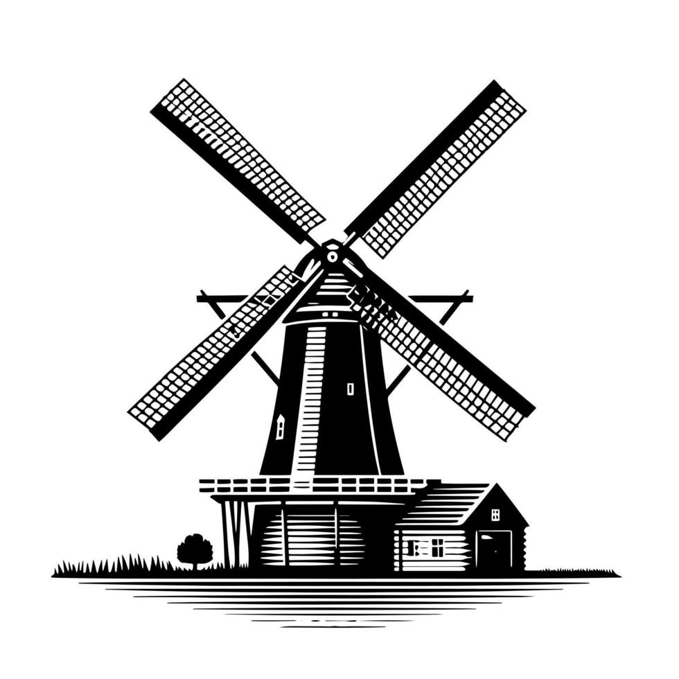 Black and White Illustration of a traditional old Windmill in Holland vector