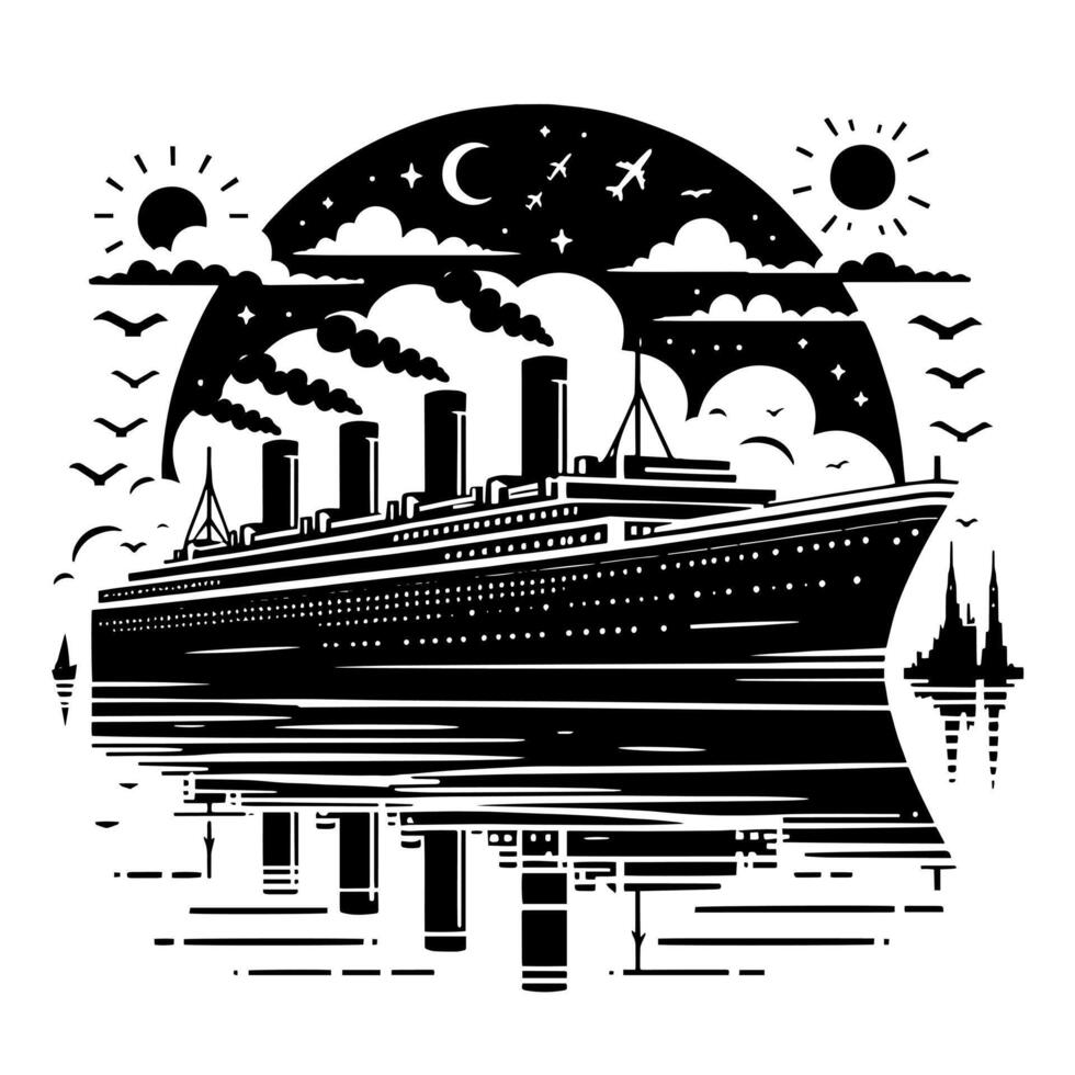 Black and White Illustration of a ocean liner at the sea vector