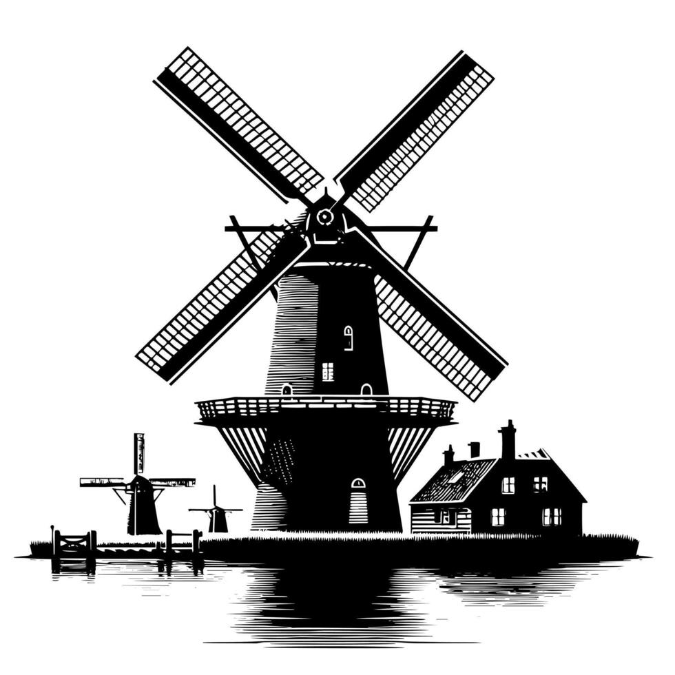 Black and White Illustration of a traditional old Windmill in Holland vector