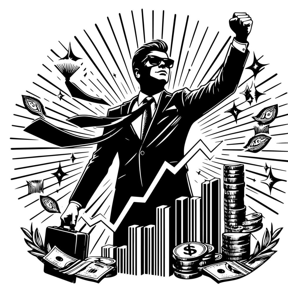 Black and white Illustration of a successful Business Man with Bitcoins Money Cars and Luxus vector