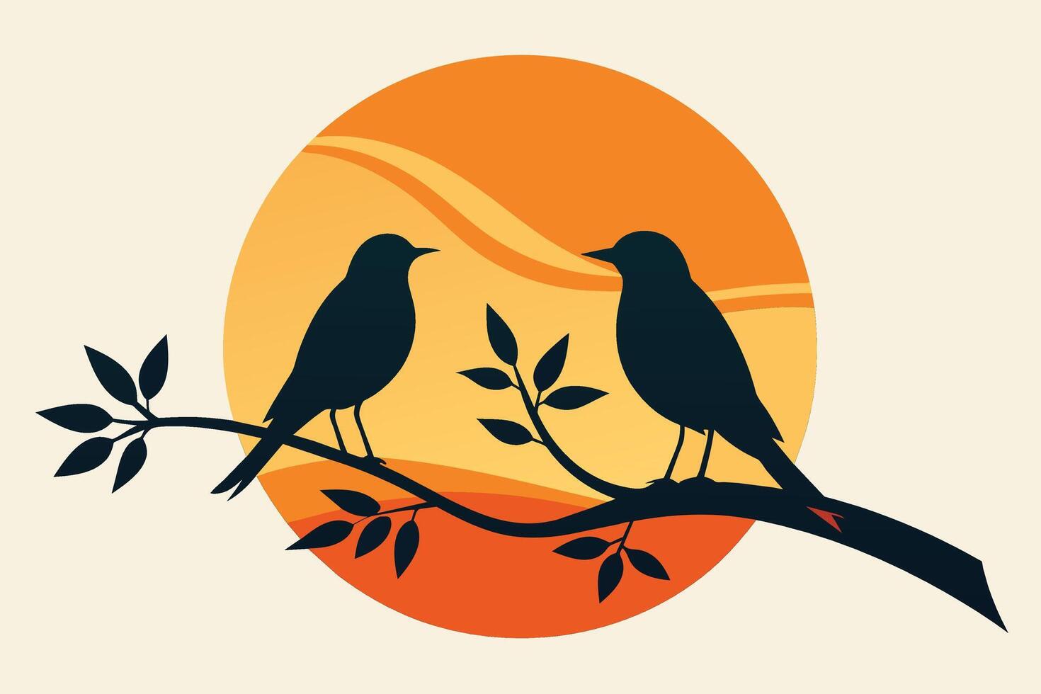 Minimalist Illustration Silhouetted two Birds on Branch at Sunset vector