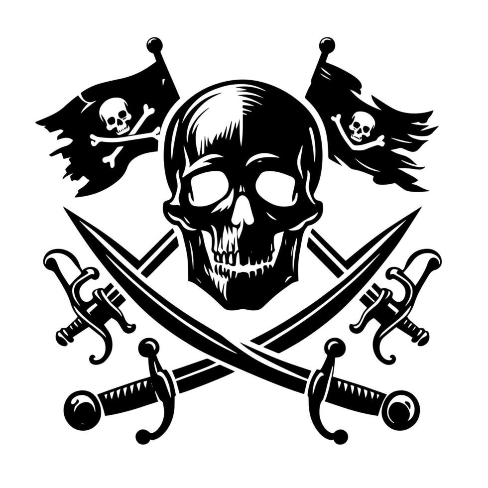 negro y blanco ilustración de pirata símbolo con espadas y sombrero vector