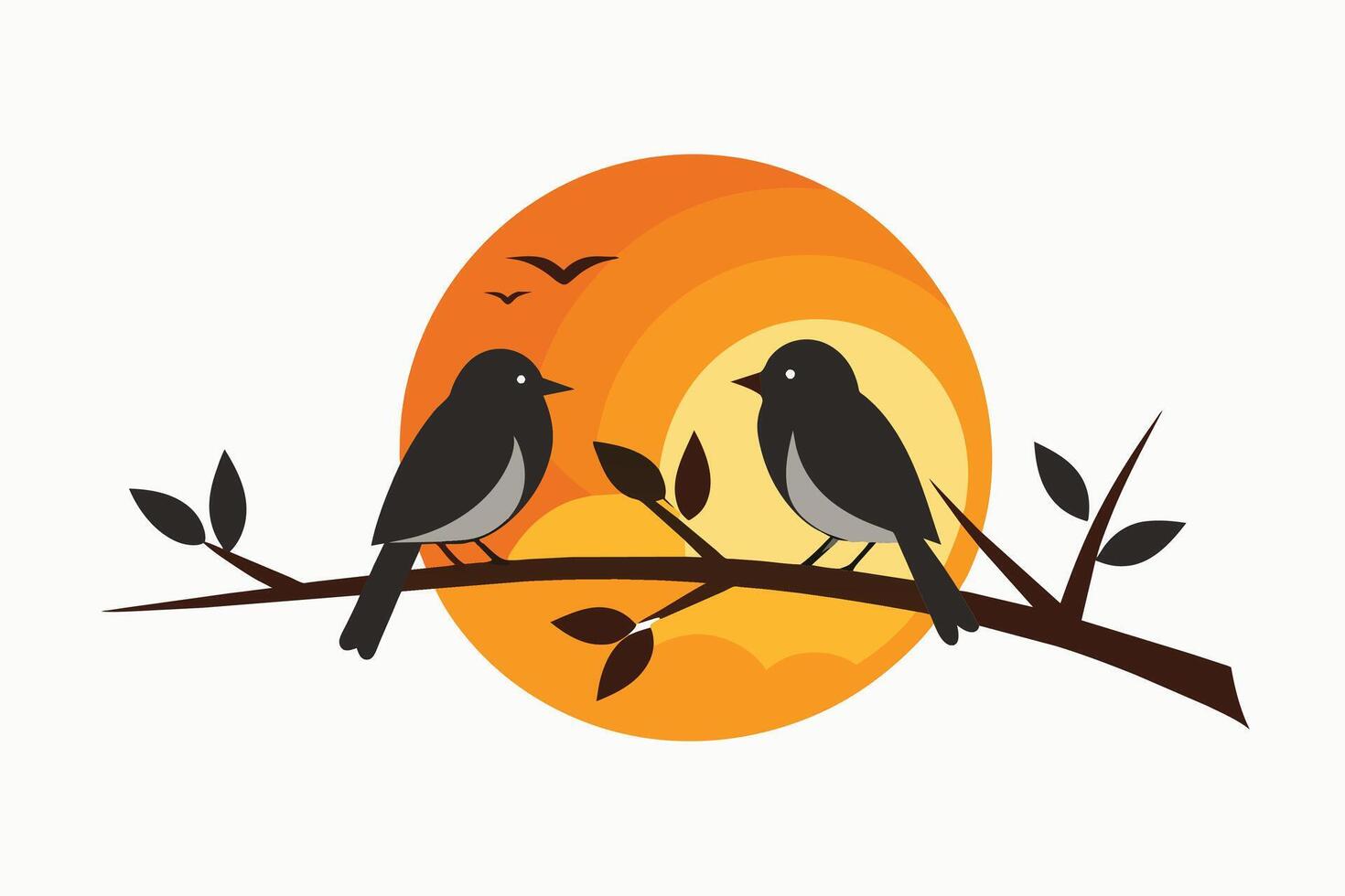 minimalista ilustración silueta dos aves en rama a puesta de sol vector