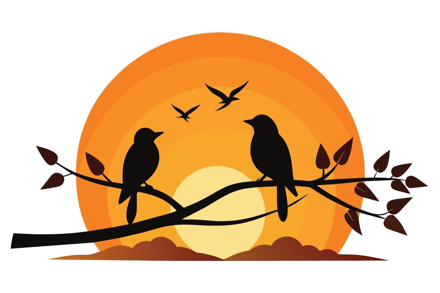 Minimalist Illustration Silhouetted two Birds on Branch at Sunset vector