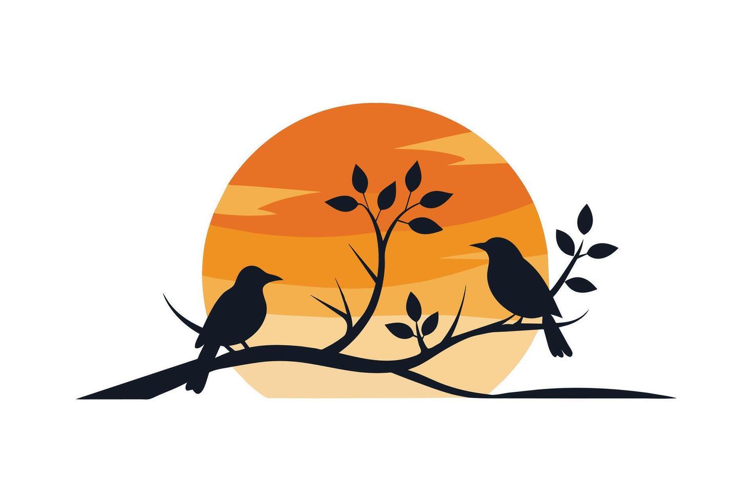 minimalista ilustración silueta dos aves en rama a puesta de sol vector