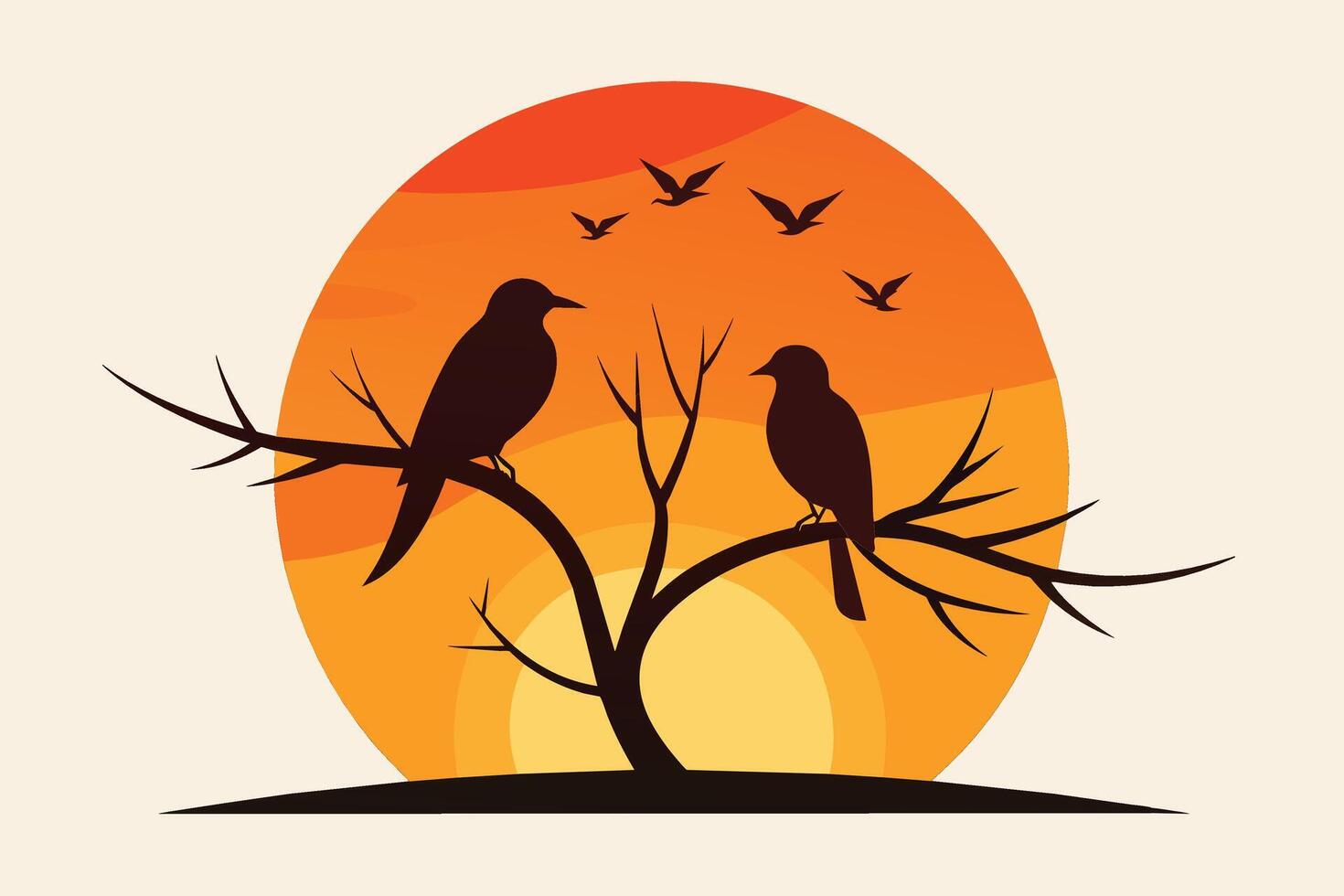 Minimalist Illustration Silhouetted two Birds on Branch at Sunset vector