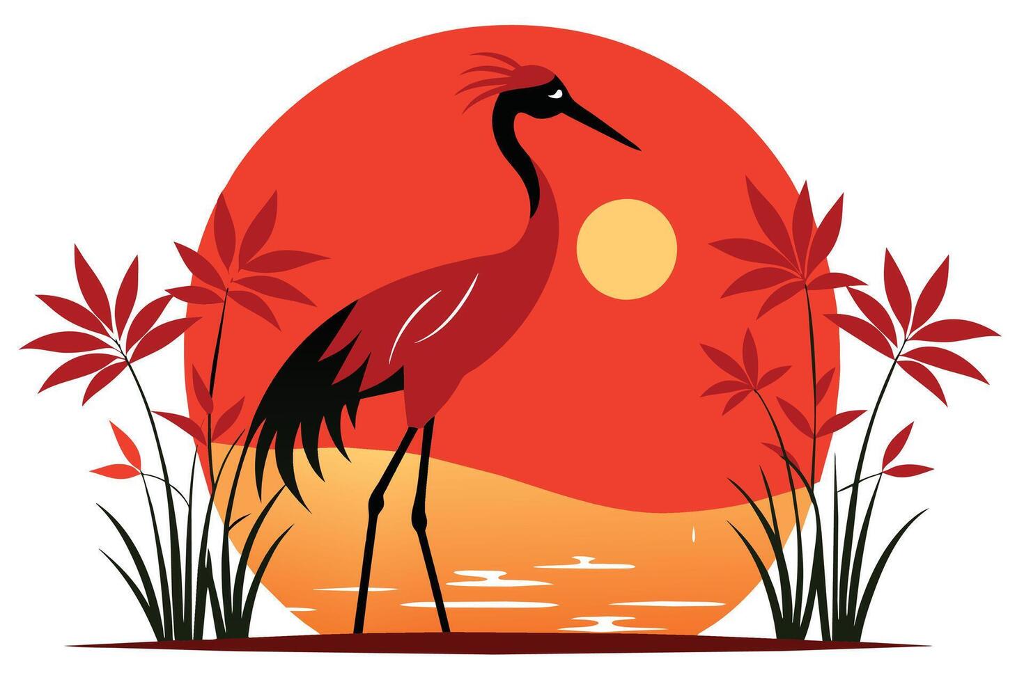Red Crowned Crane Silhouette at Sunset Illustration vector