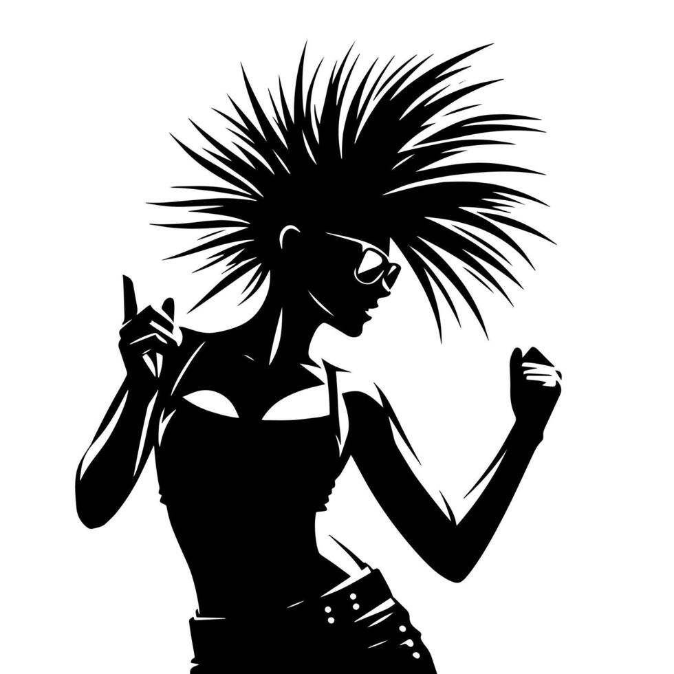 negro y blanco ilustración de un punk mujer es bailando y sacudida en un exitoso actitud vector