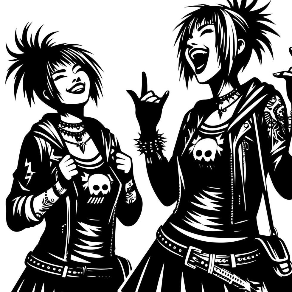 Black and White Illustration of a punk Woman is dancing and shaking in a Successful Pose vector