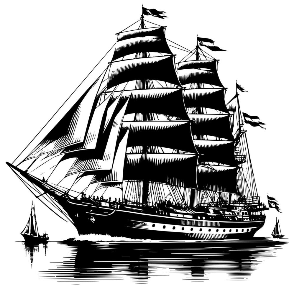 Black and White Illustration of a traditional old sailing ship vector