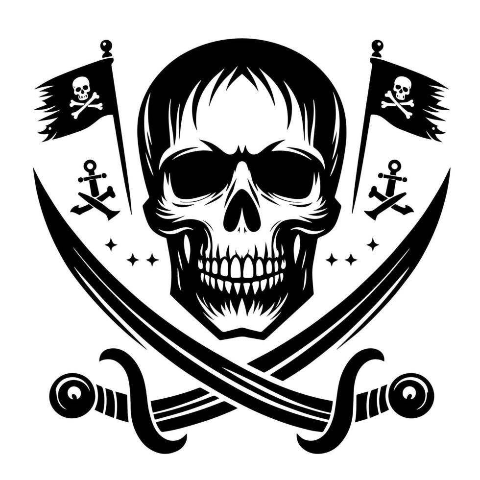 negro y blanco ilustración de pirata símbolo con espadas y sombrero vector