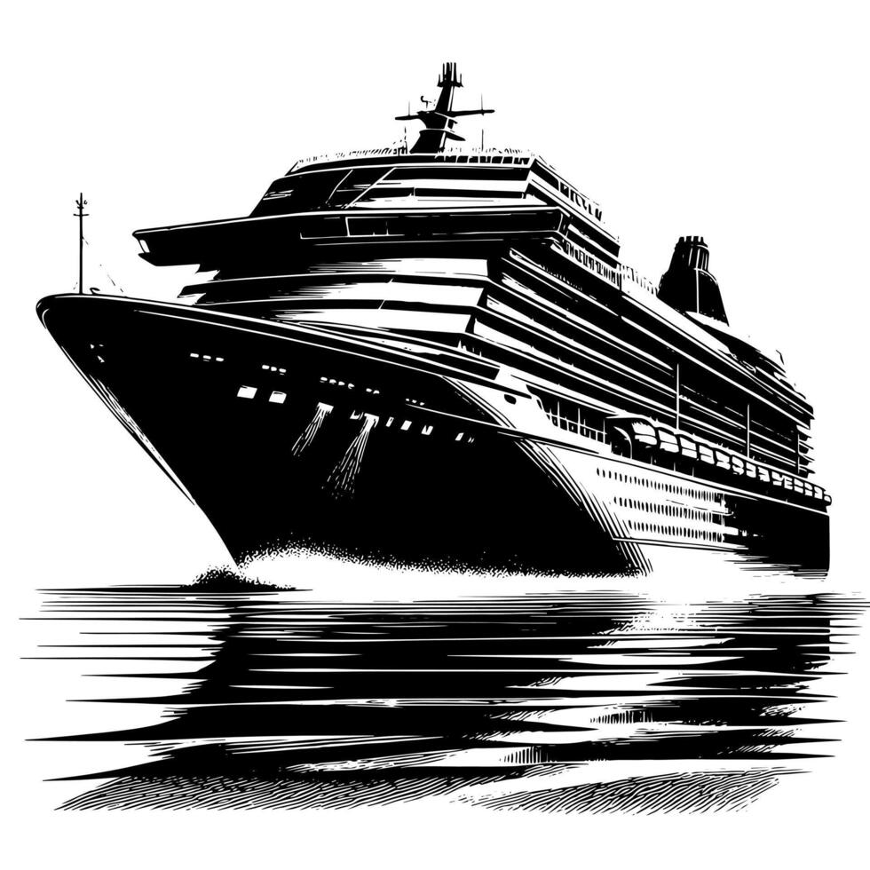 Black and White Illustration of a ocean liner at the sea vector