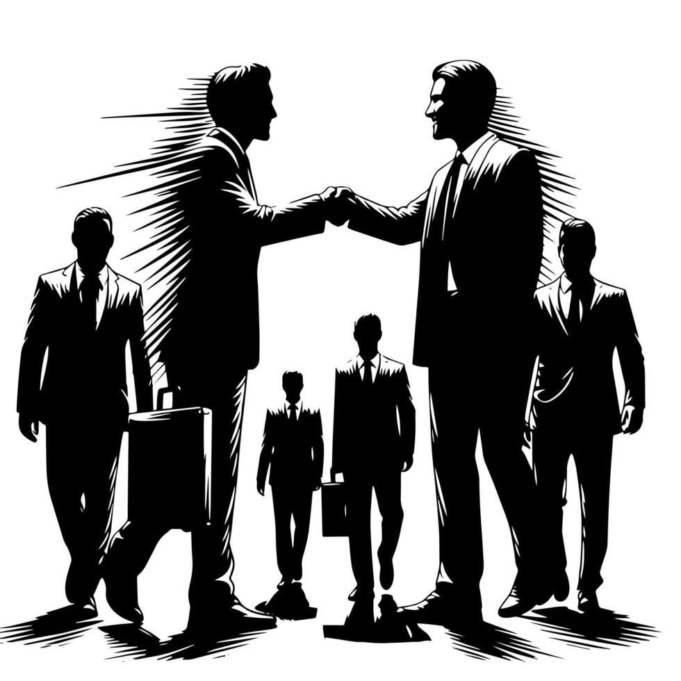 Black and white Illustration of a Handshake bewtween two Business Men in Suits vector