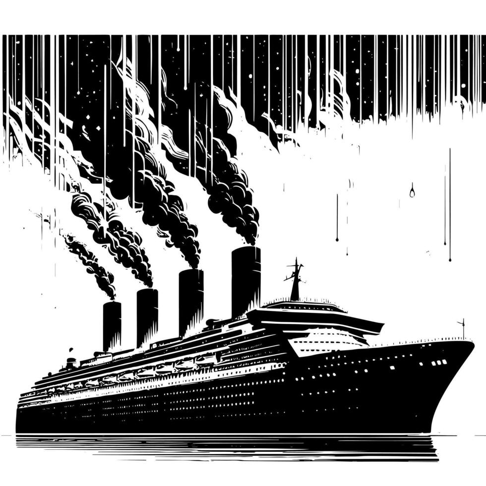 Black and White Illustration of a ocean liner at the sea vector