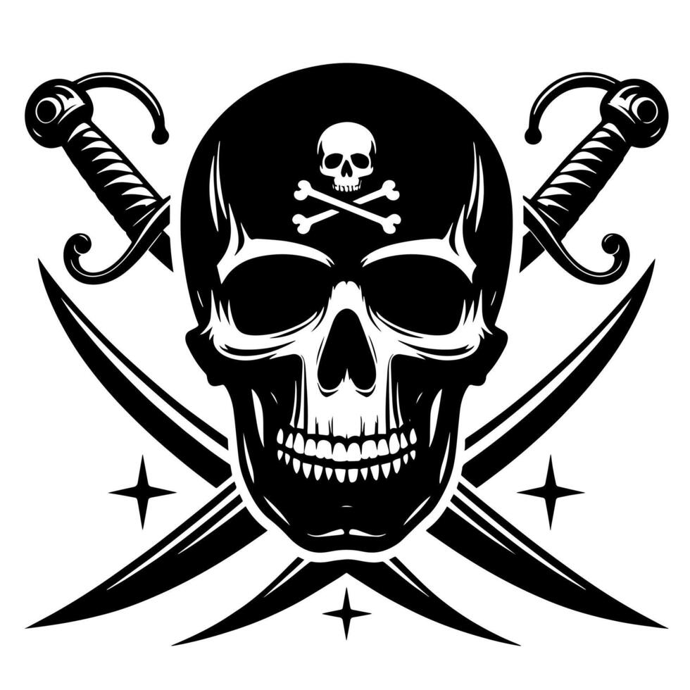 negro y blanco ilustración de pirata símbolo con espadas y sombrero vector