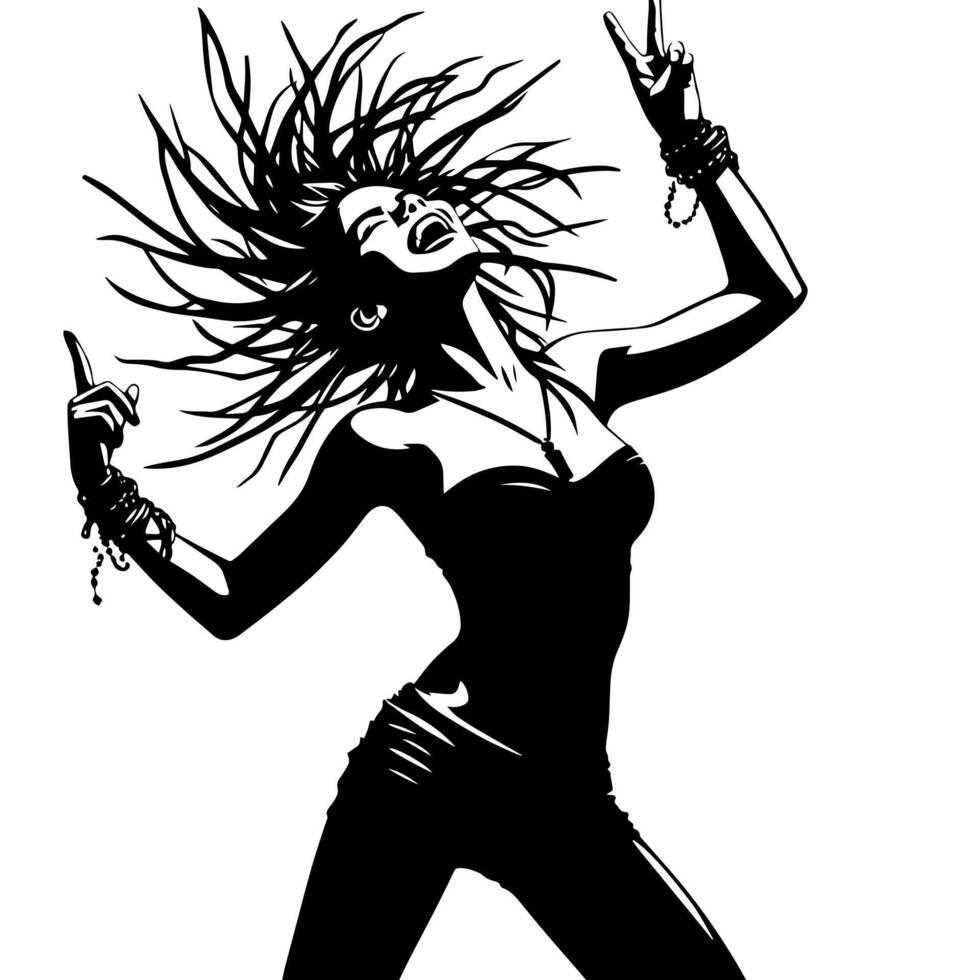 Black and White Illustration of a punk Woman is dancing and shaking in a Successful Pose vector