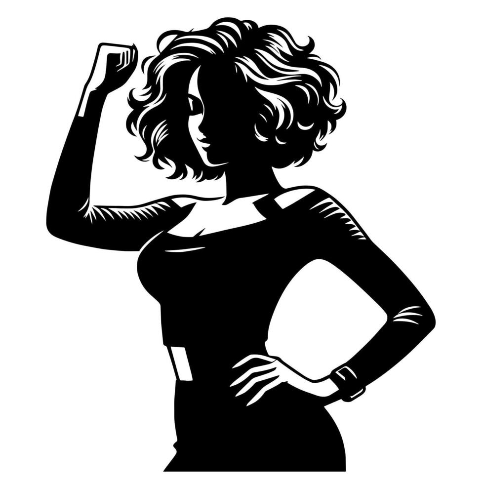 Black and White Illustration of a Woman in Business Suit is dancing and shaking in a Successful Pose vector