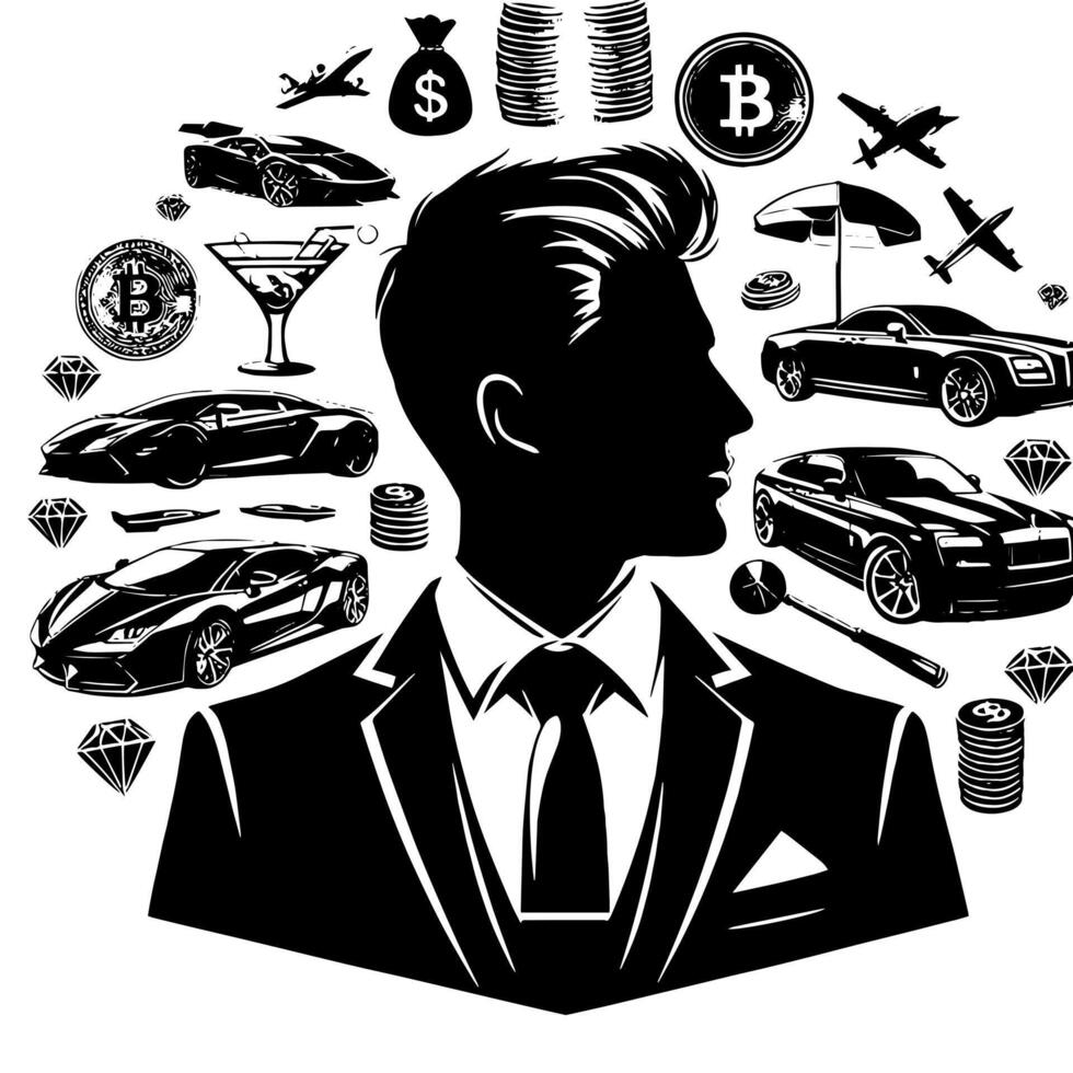 negro y blanco ilustración de un exitoso negocio hombre con dinero carros muchachas y lujo vector