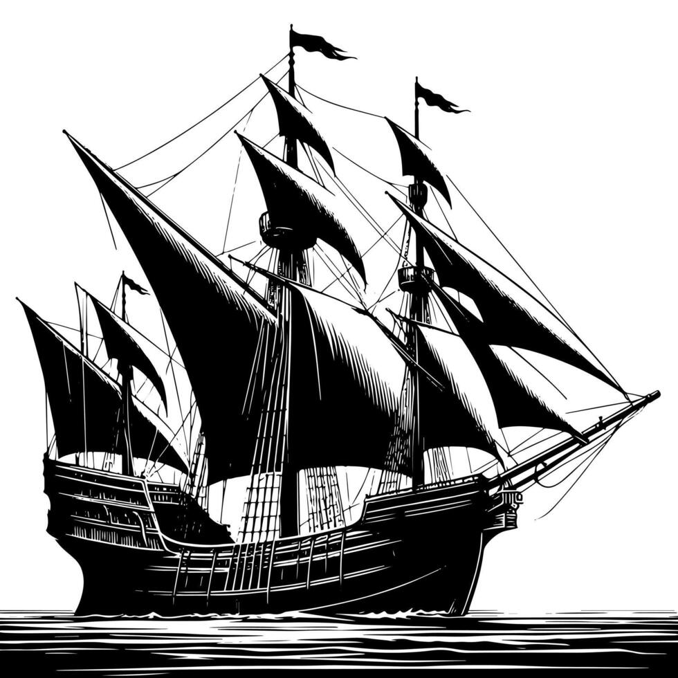 negro y blanco ilustración de un tradicional antiguo navegación Embarcacion vector
