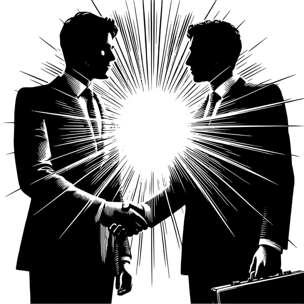 Black and white Illustration of a Handshake bewtween two Business Men in Suits vector