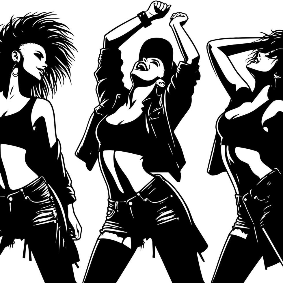 Black and White Illustration of a punk Woman is dancing and shaking in a Successful Pose vector