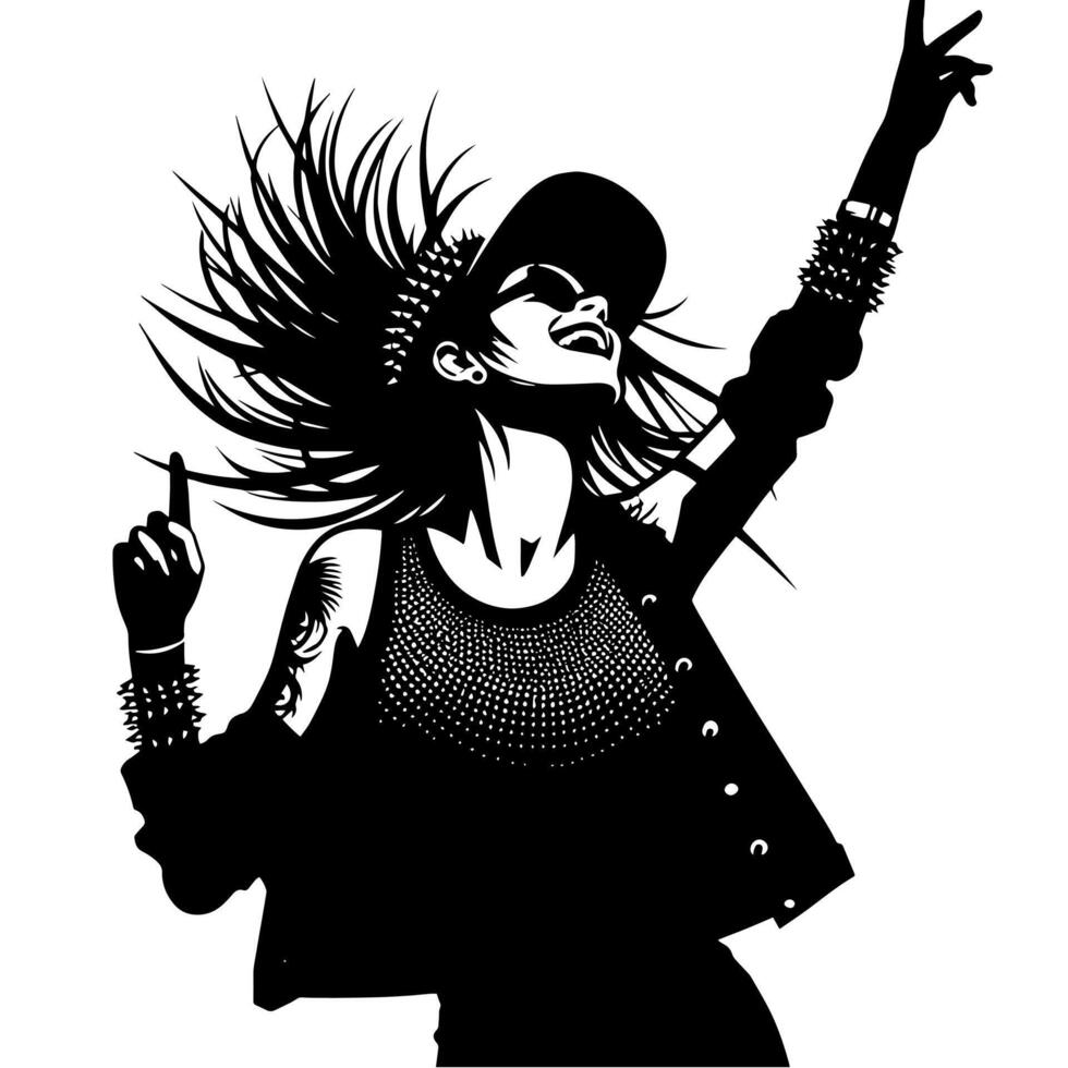 negro y blanco ilustración de un punk mujer es bailando y sacudida en un exitoso actitud vector