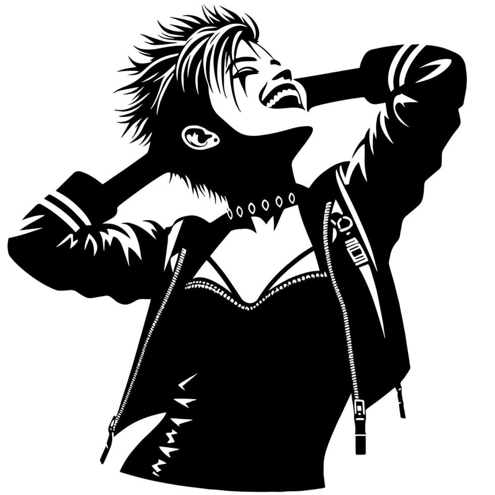 negro y blanco ilustración de un punk mujer es bailando y sacudida en un exitoso actitud vector