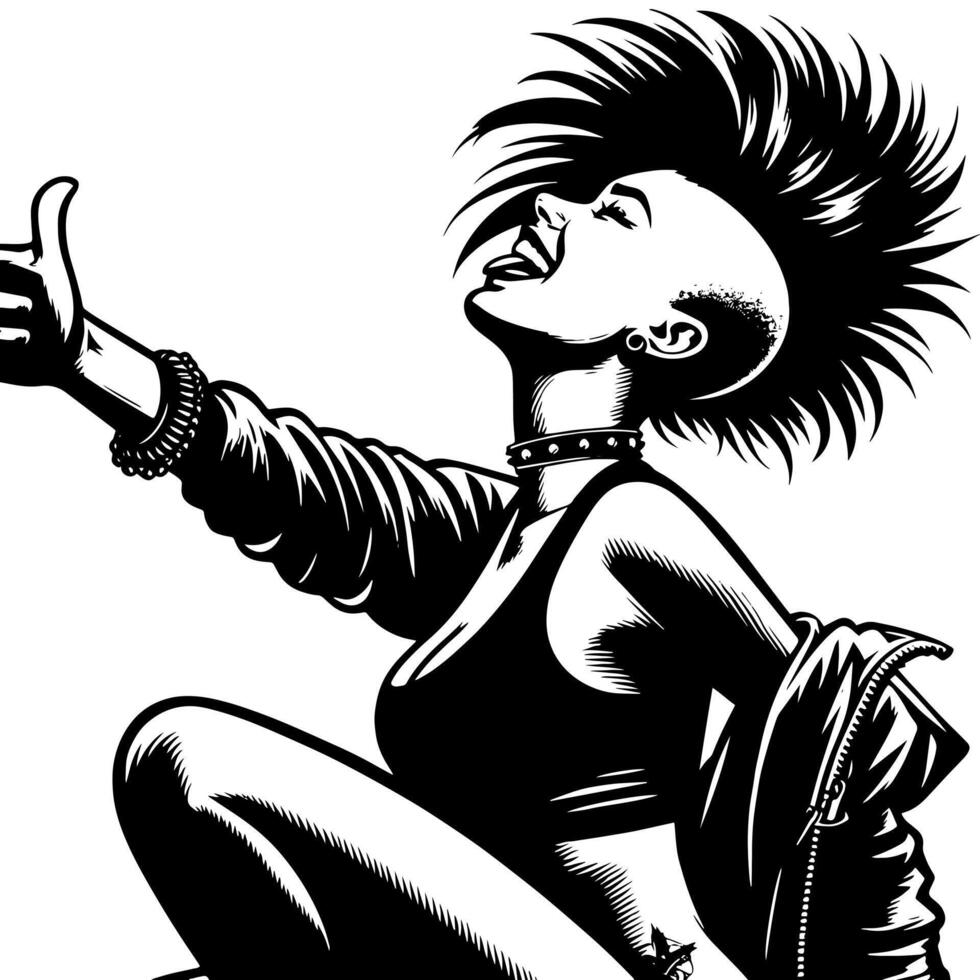 negro y blanco ilustración de un punk mujer es bailando y sacudida en un exitoso actitud vector