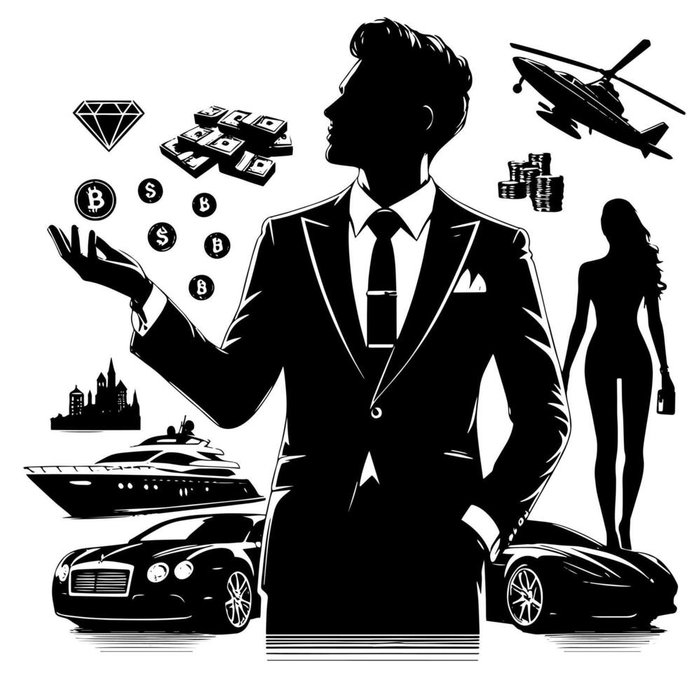 negro y blanco ilustración de un exitoso negocio hombre con dinero carros muchachas y lujo vector