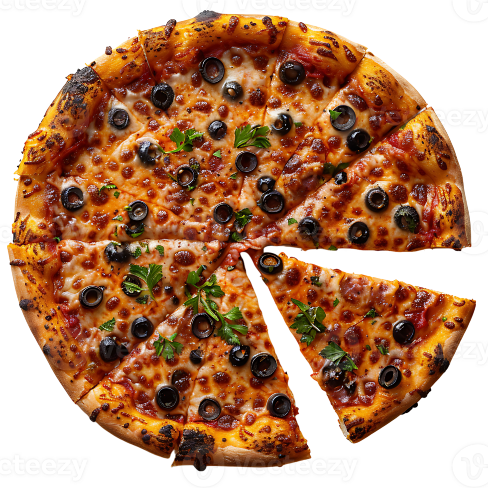 frisch gebacken Pizza mit ein Schnitt Scheibe auf isoliert transparent Hintergrund png