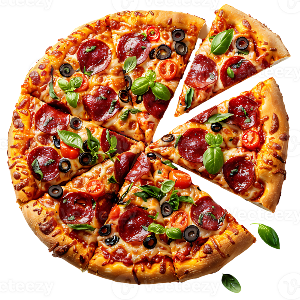 recién horneado Pizza con un cortar rebanada en aislado transparente antecedentes png