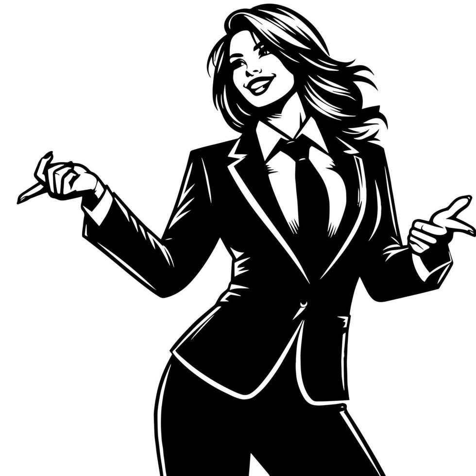 Black and White Illustration of a Woman in Business Suit is dancing and shaking in a Successful Pose vector