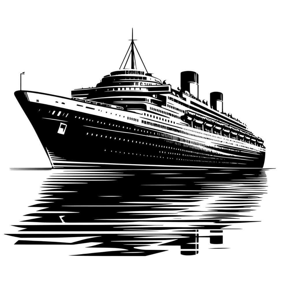 Black and White Illustration of a ocean liner at the sea vector