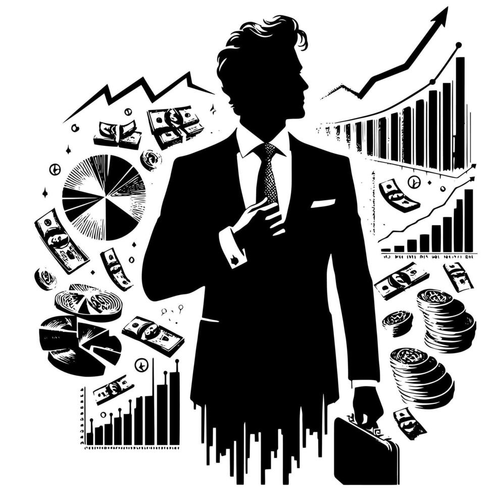 Black and white Illustration of a successful Business Man with Money Cars and Luxus vector