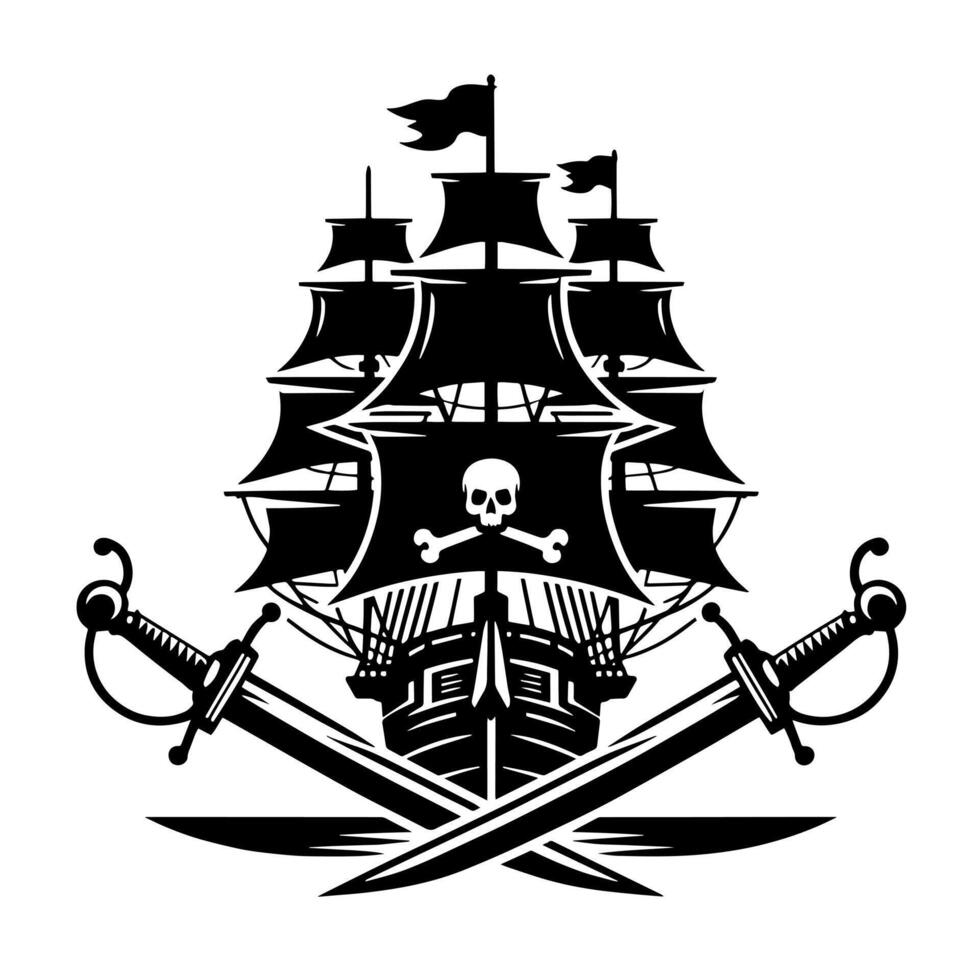 Black and White Illustration of pirate ship vector