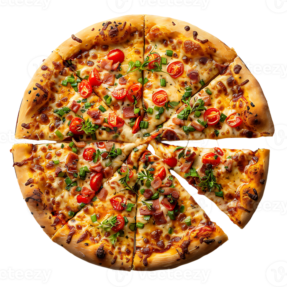 Freshly baked pizza with a cut slice on isolated transparent background png