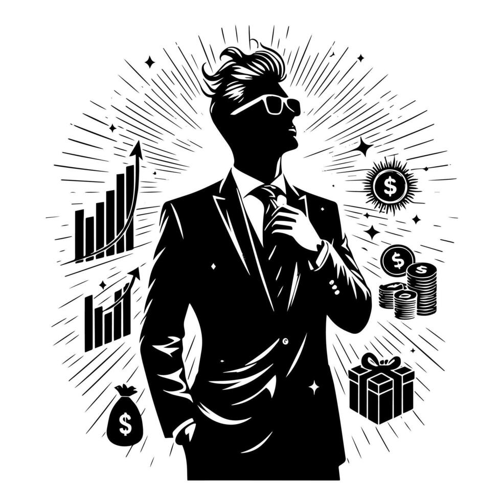 Black and white Illustration of a successful Business Man with Money Cars and Luxus vector