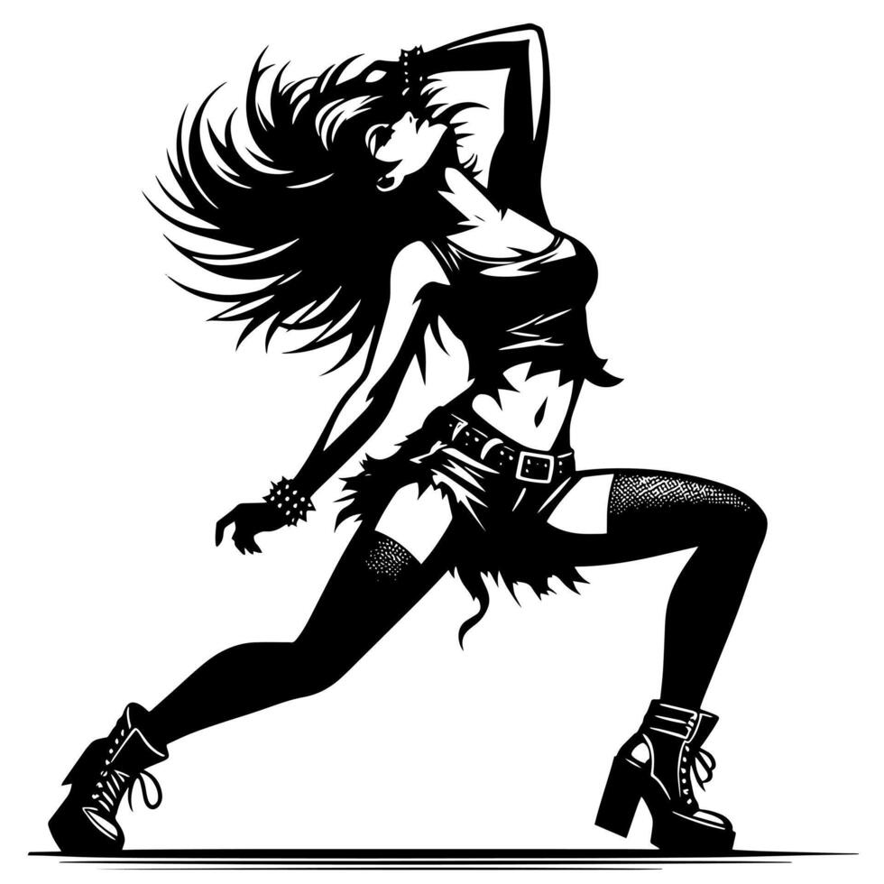 negro y blanco ilustración de un punk mujer es bailando y sacudida en un exitoso actitud vector