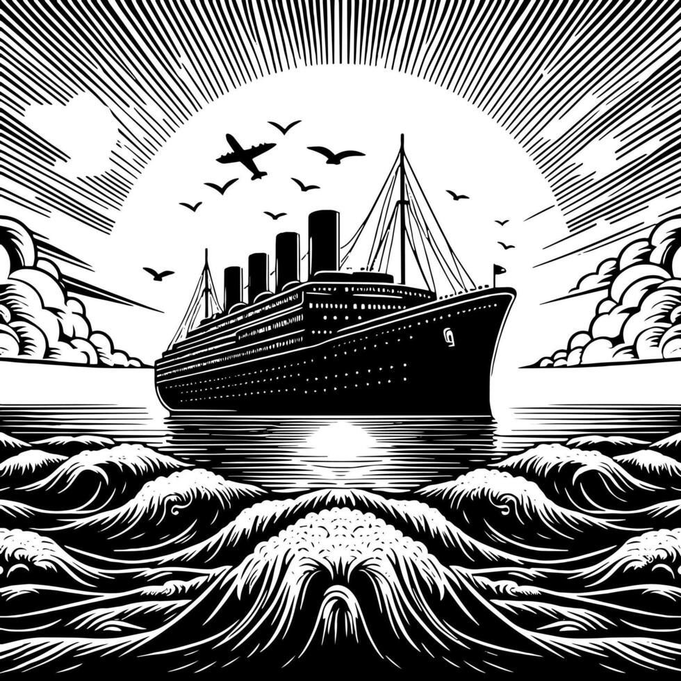 Black and White Illustration of a ocean liner at the sea vector