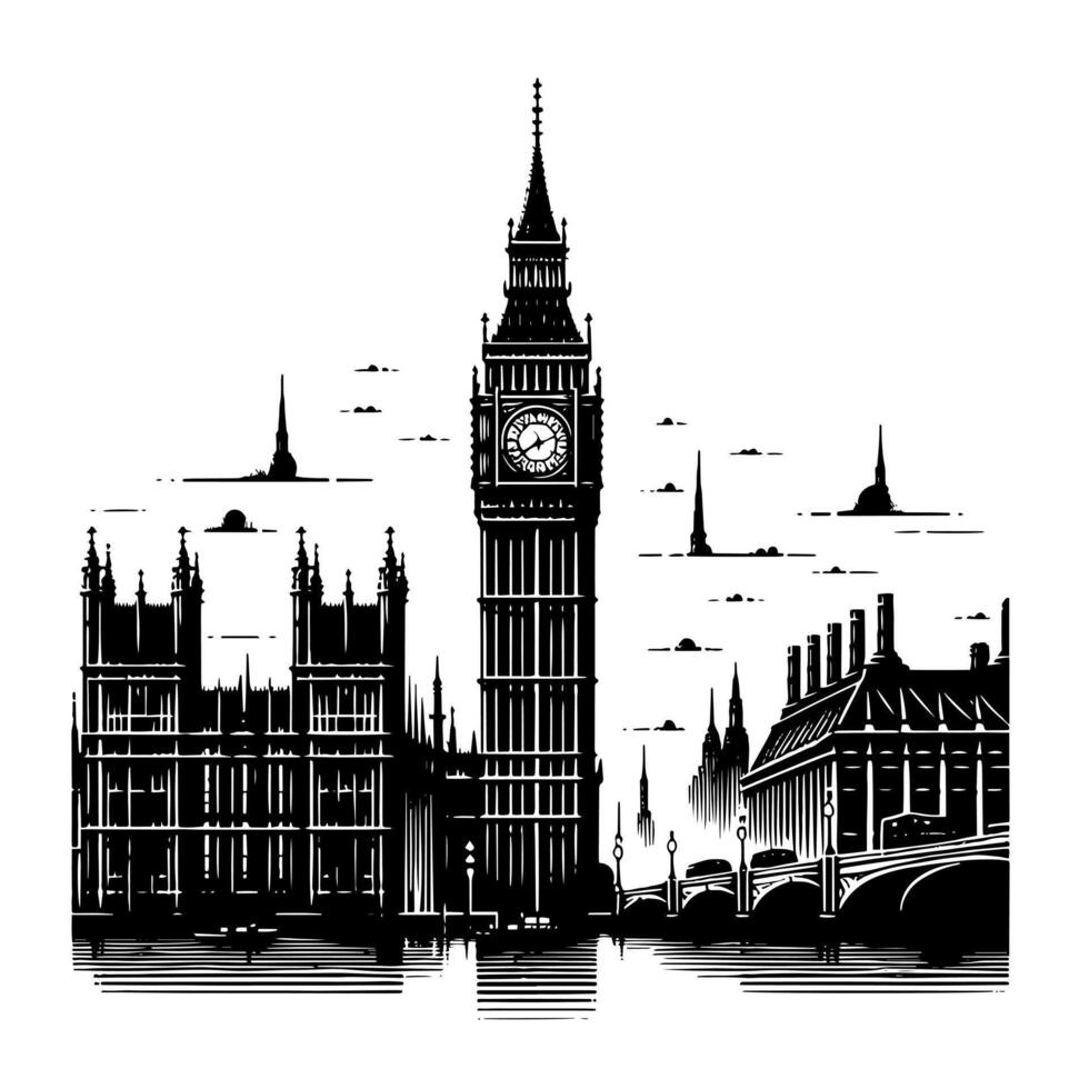 negro y blanco ilustración de grande ben torre en Londres vector