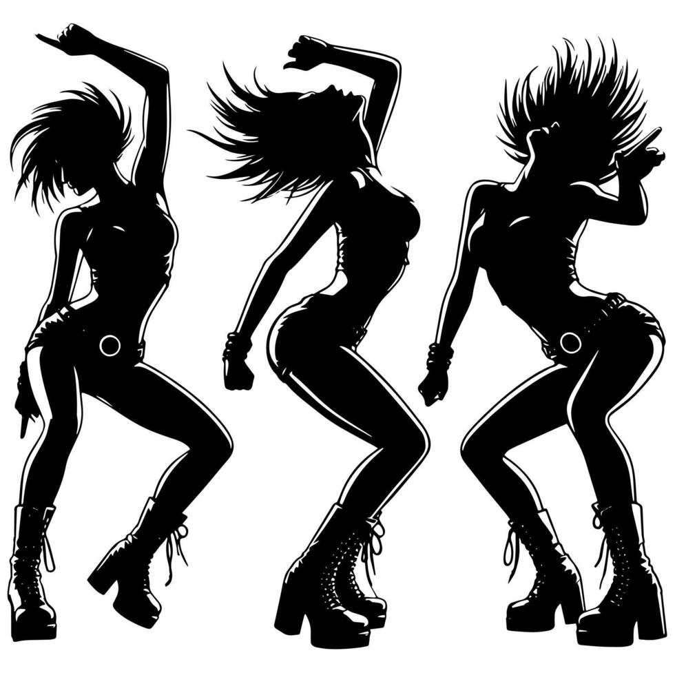 negro y blanco ilustración de un punk mujer es bailando y sacudida en un exitoso actitud vector