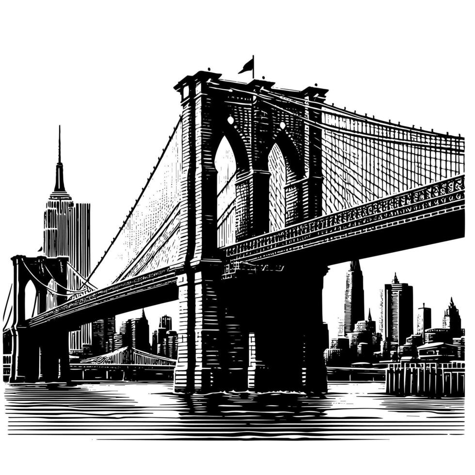 Black and White Illustration of Brooklyn Bridge in New York City Manhattan vector